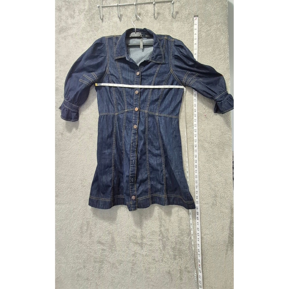 Anthropologie Denim Puff Sleeve Mini Dress Dark Wash Button Front 10P OB2033924 - Picture 7 of 8